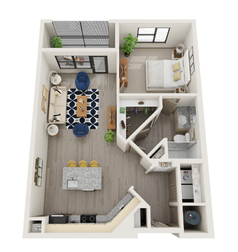 Floor plan for 1 bed, 1 bath, 890 sqft